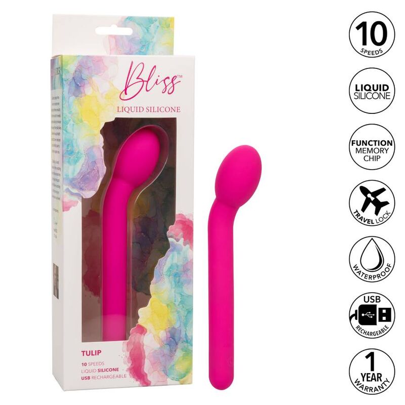 CalExotics G-spot Vibrator Stim offers 10 speeds, a rounded soft tip, liquid silicone body, USB recharge, and memory chip for intense internal and external pleasure.2