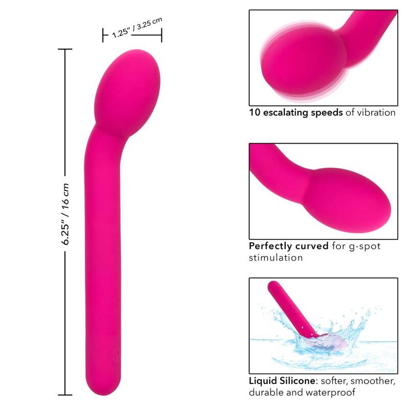 CalExotics G-spot Vibrator Stim offers 10 speeds, a rounded soft tip, liquid silicone body, USB recharge, and memory chip for intense internal and external pleasure.3