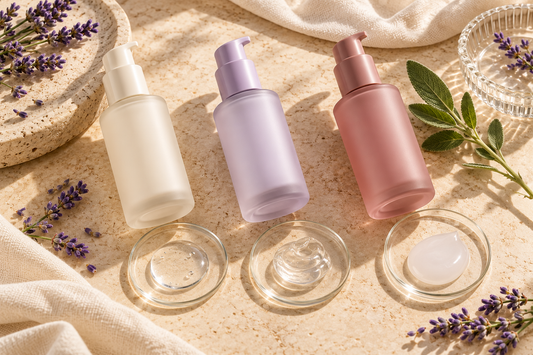 Three lubricant bottles representing water-based, silicone-based and hybrid formulas, with gel textures displayed on a cream stone surface.