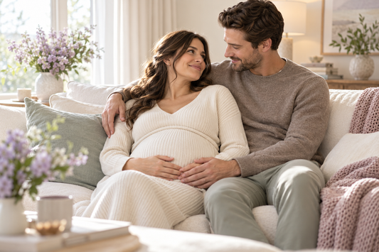Expectant couple sitting together on a cream sofa, smiling and gently resting their hands on the pregnant belly.