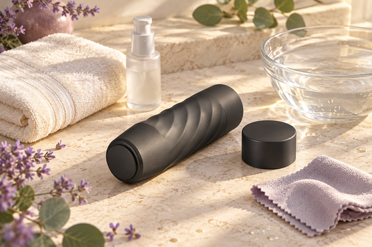 Fleshlight-style personal wellness product displayed with lubricant, clean water and soft towels for cleaning and care.