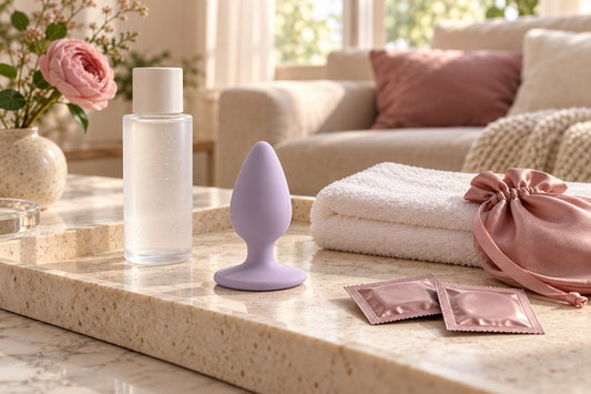 Beginner-friendly silicone anal toy with lubricant, condoms and soft towel arranged on a cream stone surface