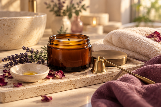 Massage candle with melted oil, brass candle snuffer and soft towels arranged on a cream stone tray.