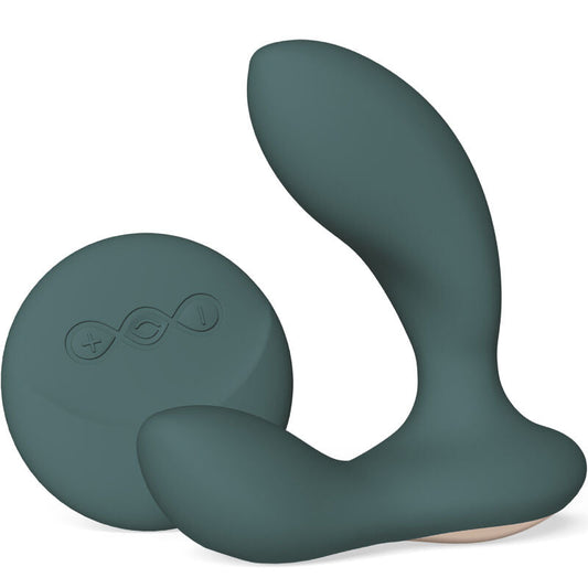 Green silicone prostate massager with a round remote, one of the main types of male sex toys