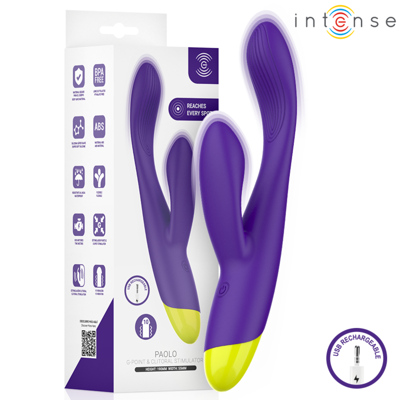 Purple rabbit vibrator with curved shaft and clitoral arm beside its box, showing how to use a rabbit vibrator