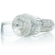 Clear compact stroker with a textured sleeve, one of the main types of male masturbators