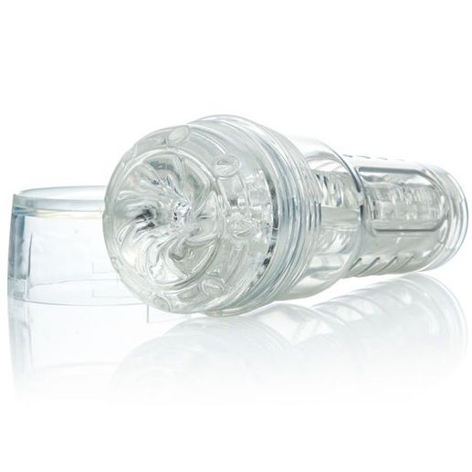 Clear compact stroker with a textured sleeve, one of the main types of male masturbators