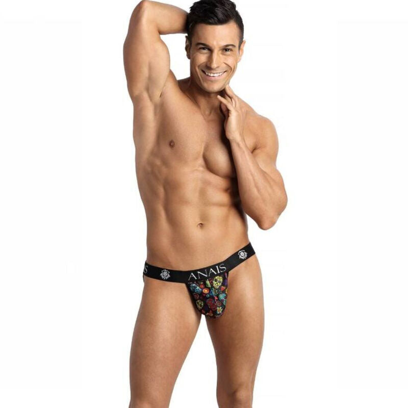 This image features a male model wearing the Anais Men - Mexico Jock Strap L, designed for a comfortable and stylish fit. The jock strap is crafted from a soft modal fabric, highlighted by a clear color with a playful print of small flowers and a skull, adding a unique touch to its appearance.