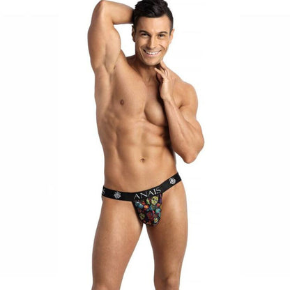 This image features a male model wearing the Anais Men - Mexico Jock Strap L, designed for a comfortable and stylish fit. The jock strap is crafted from a soft modal fabric, highlighted by a clear color with a playful print of small flowers and a skull, adding a unique touch to its appearance.