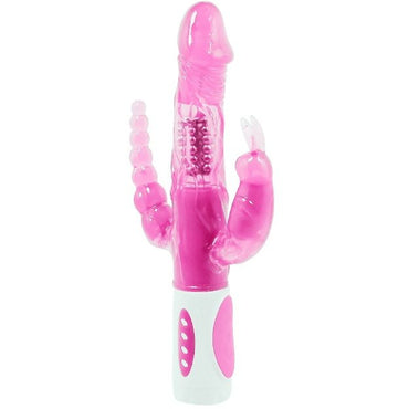 A pink and white triple vibrator rotator with multiple buttons on the base and a metallic bead section.