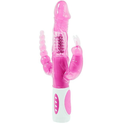 A pink and white triple vibrator rotator with multiple buttons on the base and a metallic bead section.