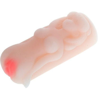 A small, flesh-colored male masturbator designed to resemble a woman's torso. It has realistic detailing and a red spot on the lower part.