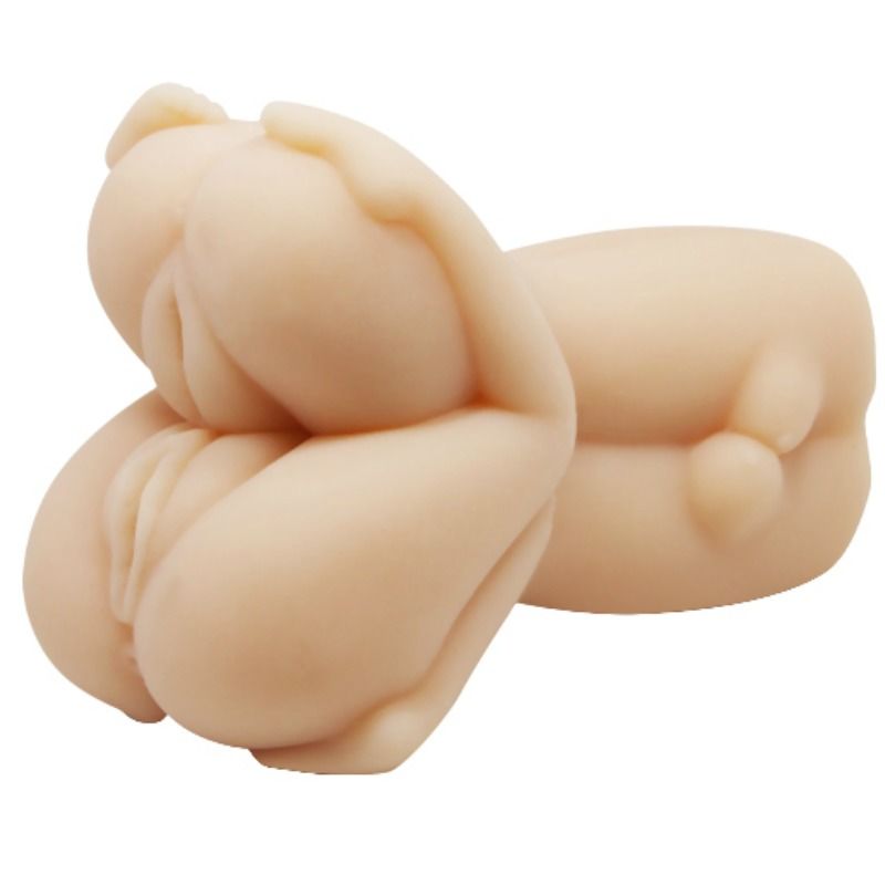 A realistic-looking threesome masturbator made of flesh-colored material, designed to simulate a human-like form.