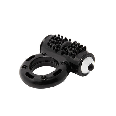 A black vibrating penis ring with a textured surface and a metallic ring at the base. The device appears to be compact and flexible.