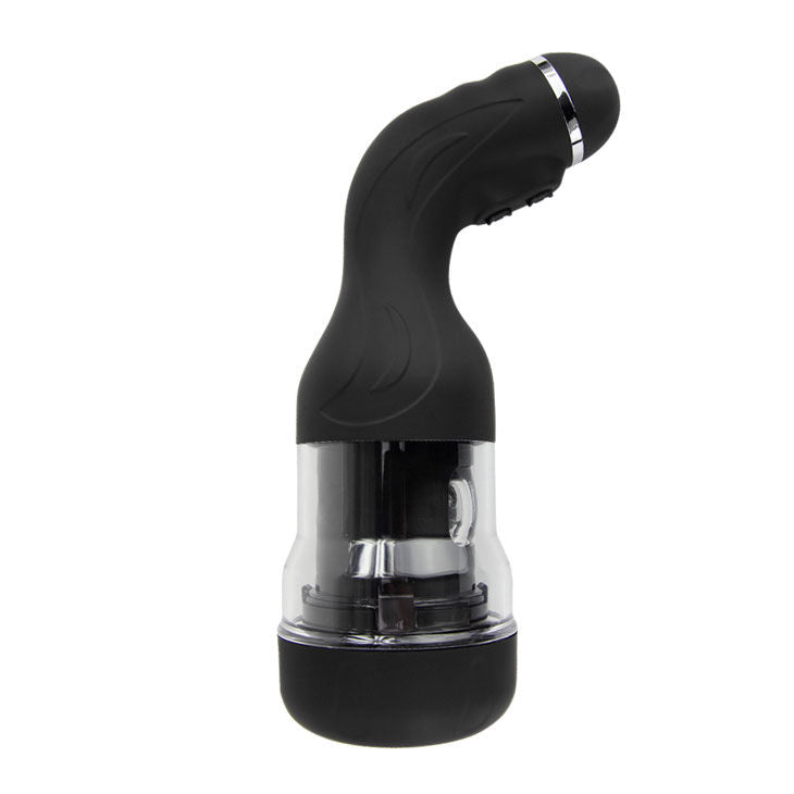 A black and transparent automatic masturbator with a curved handle and a clear chamber showing internal mechanics.