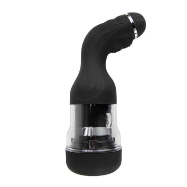 A black and transparent automatic masturbator with a curved handle and a clear chamber showing internal mechanics.