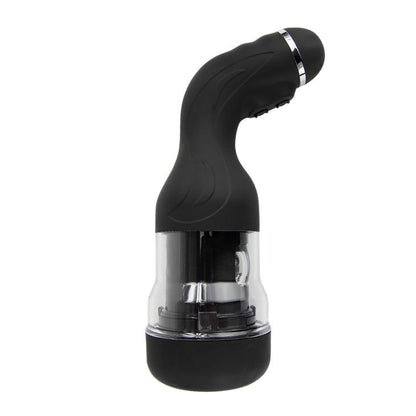A black and transparent automatic masturbator with a curved handle and a clear chamber showing internal mechanics.