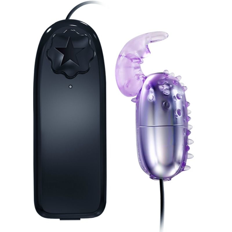 A vibrating egg with a purple and clear design, accompanied by a black remote control with a star symbol.