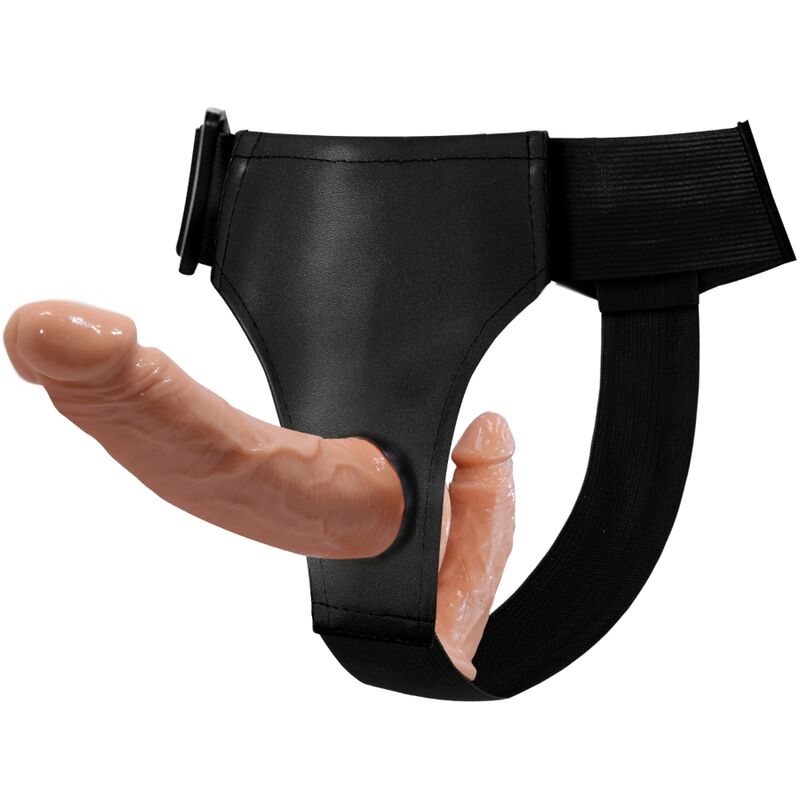 The image shows a black harness with two realistic-looking dildos attached. The harness is designed with an adjustable black cord waist for a comfortable fit.