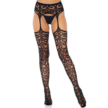 LEG AVENUE - Scroll Lace Garter Belt Stockings – One Size