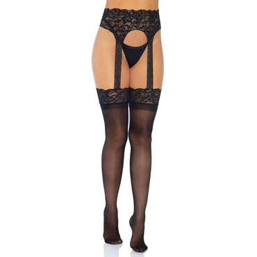 LEG AVENUE - Opaque Garterbelt Stocking High Waist Lace Belt One Size
