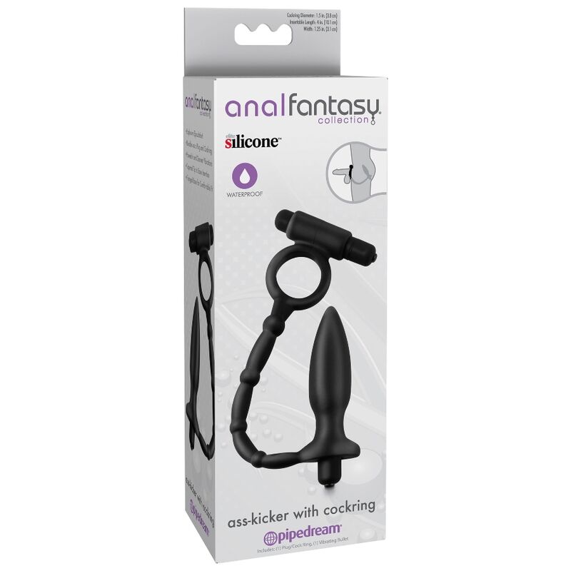 Experience dual stimulation with the Anal Fantasy Anal Ring Vibrating Bullet. Prostate plug, vibrating cock ring, Elite™ silicone, and waterproof design.3