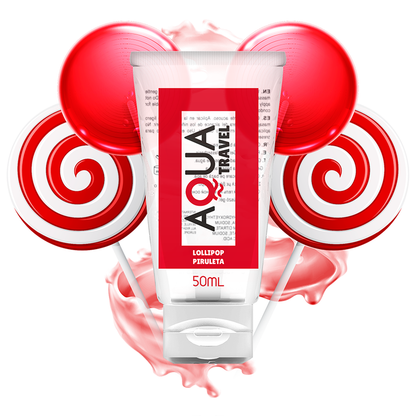 A tube of Aqua Travel waterbased lubricant with a lollipop flavor, shown with two red and white striped lollipops on either side, against a red and white background with a splash effect.