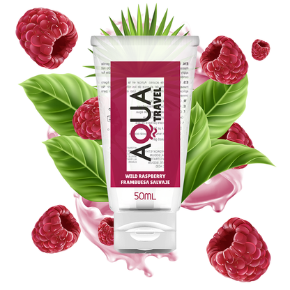 A water-based lubricant in a 50ml bottle with a wild raspberry flavor, depicted with splashing raspberry juice and whole raspberries around it.