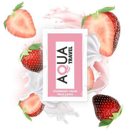 The image features a product called "Aqua Travel - Strawberry Cream Flavour Waterbased Lubricant" presented in a visually appealing and enticing manner. The lubricant packaging is displayed prominently in the center, with a sleek and modern design in white and pink colors.