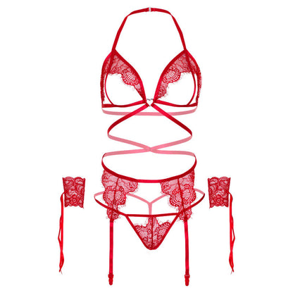 Leg Avenue - Four Pieces Set Bra, G-String, Garter Belt & Wrist Cuffs One Size - Red