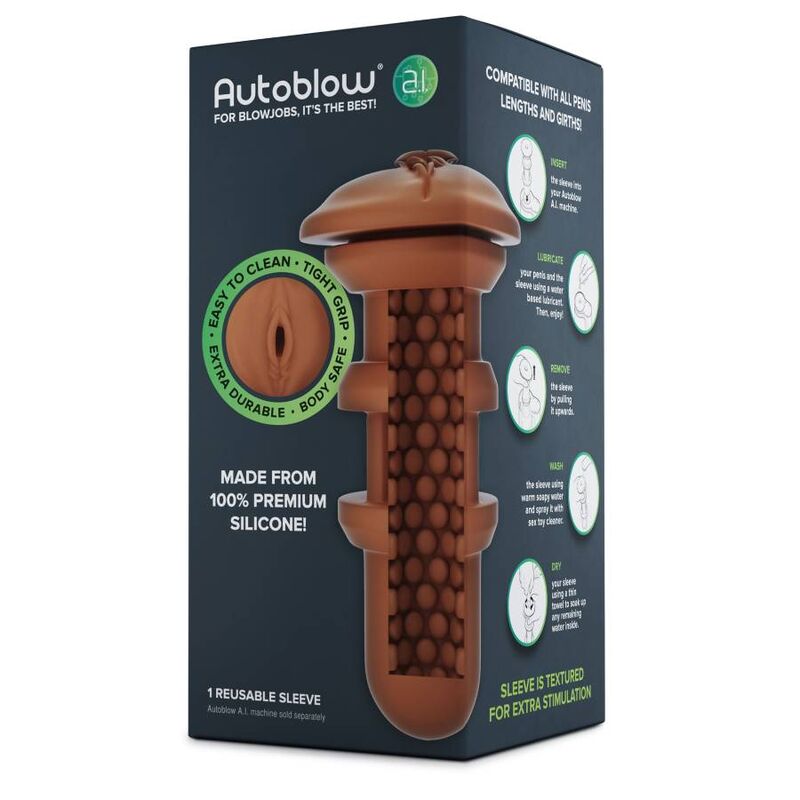 Turn your Autoblow Vagina Male Masturbator Sleeve into a lifelike sex machine. Made from 100% silicone, it's durable, non-porous, and offers realistic sensations.8