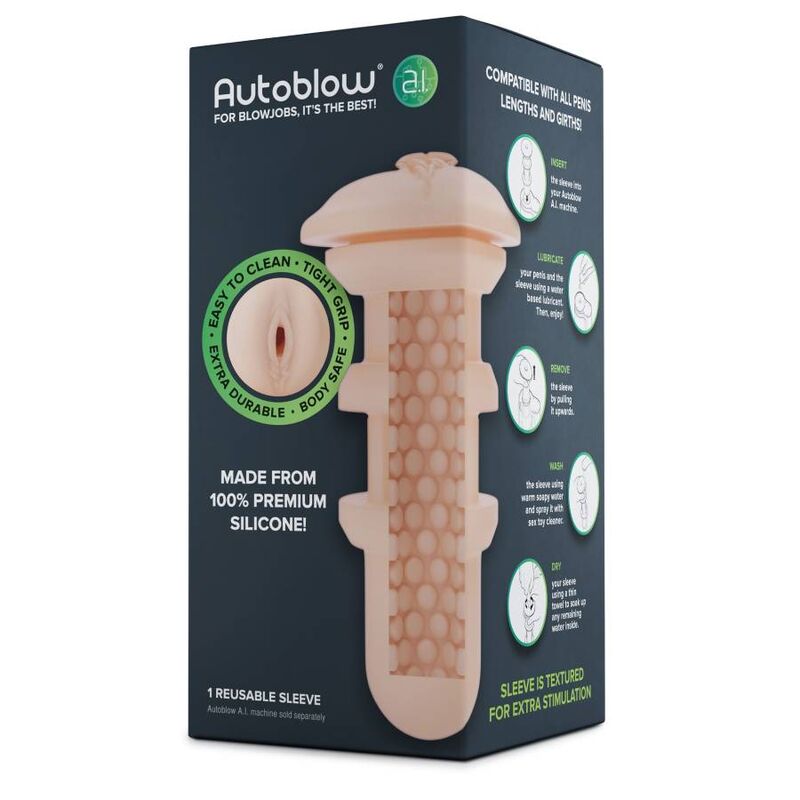 Turn your Autoblow Vagina Male Masturbator Sleeve into a lifelike sex machine. Made from 100% silicone, it's durable, non-porous, and offers realistic sensations.5