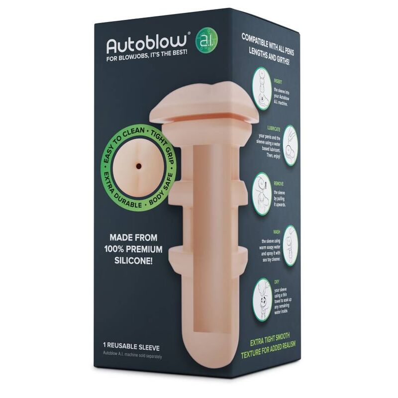 Transform your Autoblow Anus Male Masturbator Sleeve into a sex machine with the lifelike silicone anus sleeve. Odorless, non-porous, extra tight, and long-lasting.8