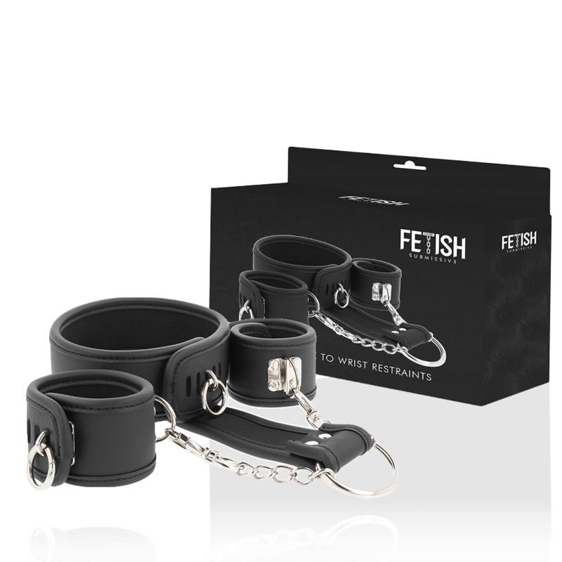 Fetish Submissive - Vegan Leather Necklace And Handcuffs With Noprene Lining