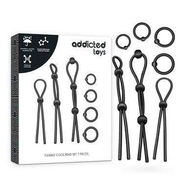 Boost your performance with the Addicted Toys Silicone Cock Ring Set. Seven flexible rings offer comfort, delay ejaculation, and intensify orgasms for ultimate pleasure.