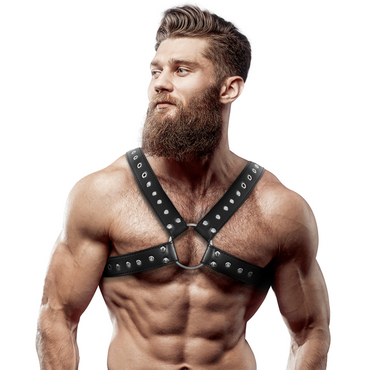 FETISH SUBMISSIVE - Men's Cross – Over Eco – Leather Chest Harness Studs by DelighToys
