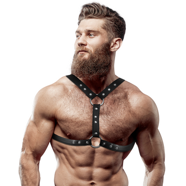 FETISH SUBMISSIVE - Eco – Leather Chest Harness Double Support and Studs for Men by Deligh