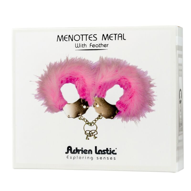 Elevate your BDSM play with Adrien Lastic Feathered Metal Handcuffs. Soft lining, sturdy chain, and two keys for secure and sensual restraint. Black, white, or pink.3