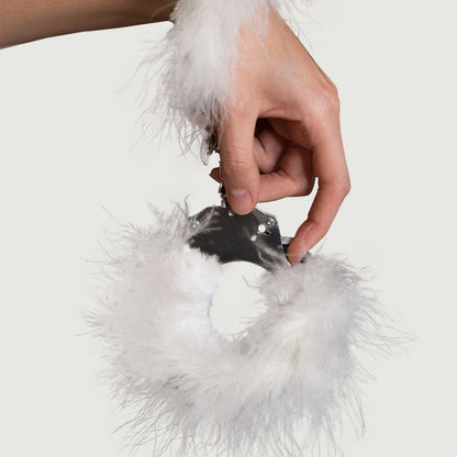 Elevate your BDSM play with Adrien Lastic Feathered Metal Handcuffs. Soft lining, sturdy chain, and two keys for secure and sensual restraint. Black, white, or pink.8