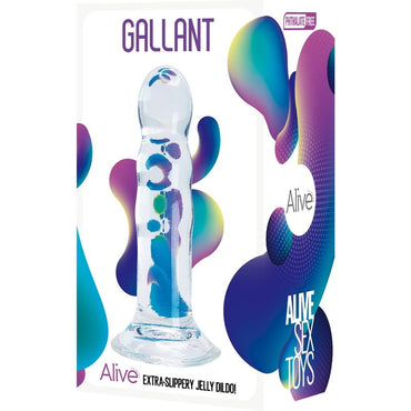 Experience visual pleasure with the Alive Gallant Transparent Realistic Penis. Made from phthalate-free, hypoallergenic jelly, this waterproof dildo is designed for hands-free enjoyment.2