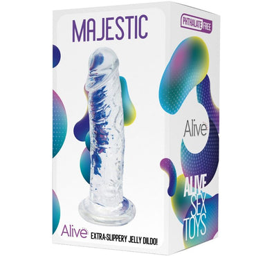 Enhance your experience with the Alive Majestic Realistic Penis. This transparent, body-safe dildo offers lifelike texture and a suction base, ideal for hands-free pleasure. Waterproof and easy to clean.1