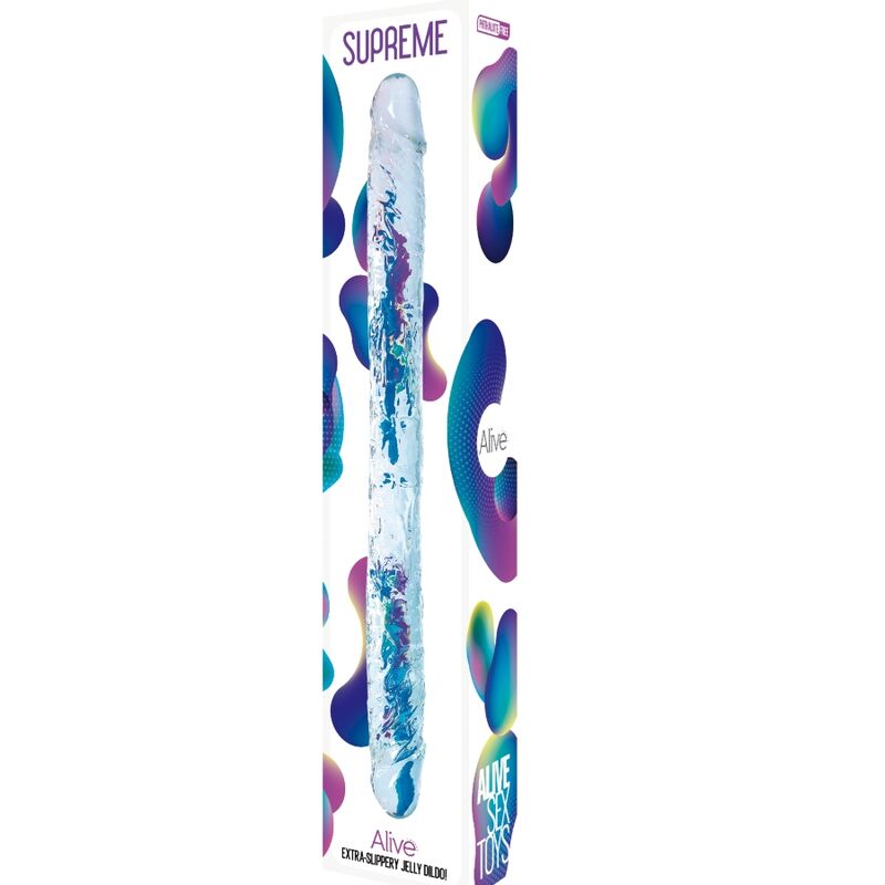 Experience double the pleasure with Alive Double Sided Realistic Penis. Hypoallergenic, phthalate-free jelly, waterproof, and designed for shared and solo enjoyment.3