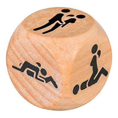 This image displays a wooden dice, each face of which is adorned with simple black illustrations representing different Kamasutra positions. Designed to inspire creativity and add an element of adventure to intimate moments, the dice are marked with six distinct positions, ranging from gentle and romantic to bold and daring.