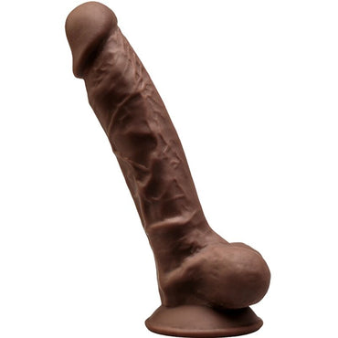 A realistic, brown silicone dildo with detailed veins and a suction cup base, designed to imitate the male anatomy.