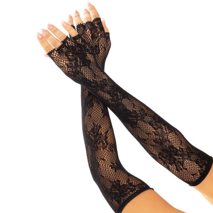 White floral fishnet fingerless opera-length gloves
