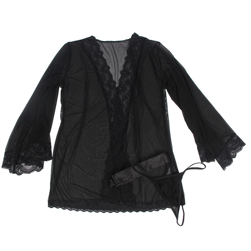 Subblime - Transparent Fabric Robe With Lace Detail Black S/M