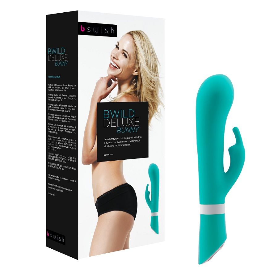 Experience dual pleasure with the Bwild Deluxe Bunny Rabbit Vibrator. 6 vibration modes, waterproof, body-safe silicone, and dual motors for intense stimulation.12