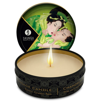 Shunga Mini Caress green tea candle warm oil detail