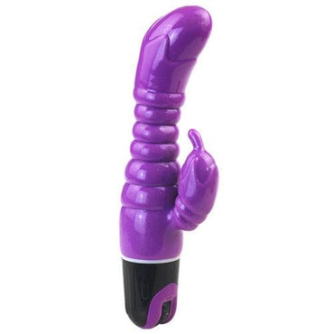 A violet-colored vibrator with a smooth, curved design and a black base. The vibrator is shown against a white background and includes measurement markings.jhhff