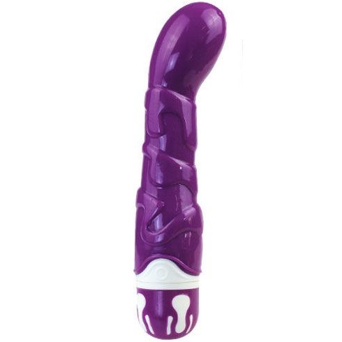 A purple, silicone vibrator with a curved design, featuring a white base and buttons. The vibrator appears soft and flexible with a smooth surface.  Target your pleasure with Baile Realistic Cock G-Spot Sensation. Soft silicone, 10 vibration rhythms, powerful tip motor. Ships UK & EU. Order now!6